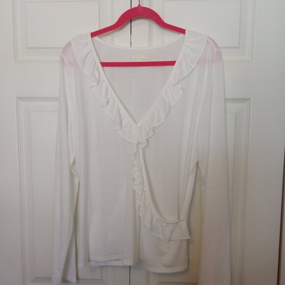 Lilly Pulitzer Ruffled V-neck Side Wrap Knit Top White sz XL - Picture 1 of 4